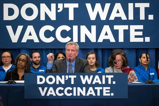 Mayor Bill de Blasio at a press conference encouraging New Yorkers to get vaccinated for measles.